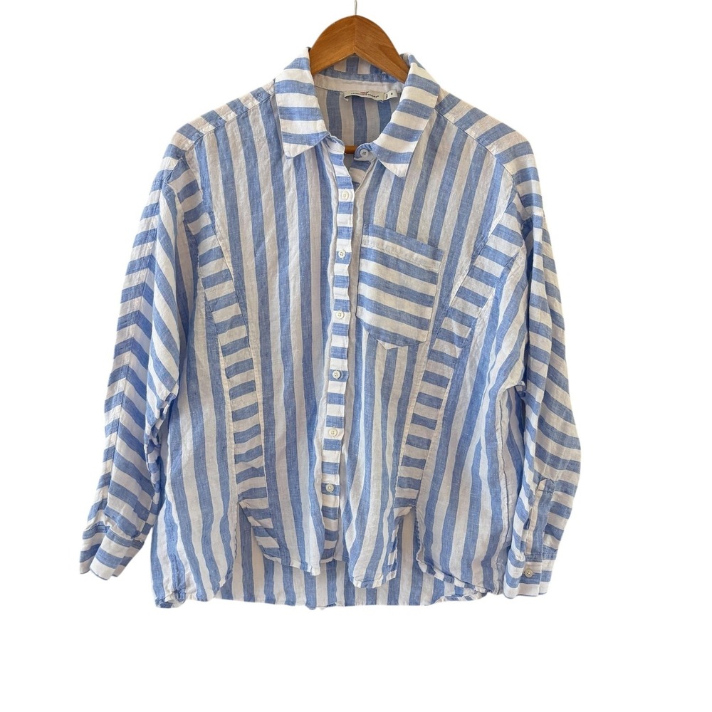 Vineyard Vines Striped Linen Button Up Shirt Womens 8 Blue Nautical Coastal